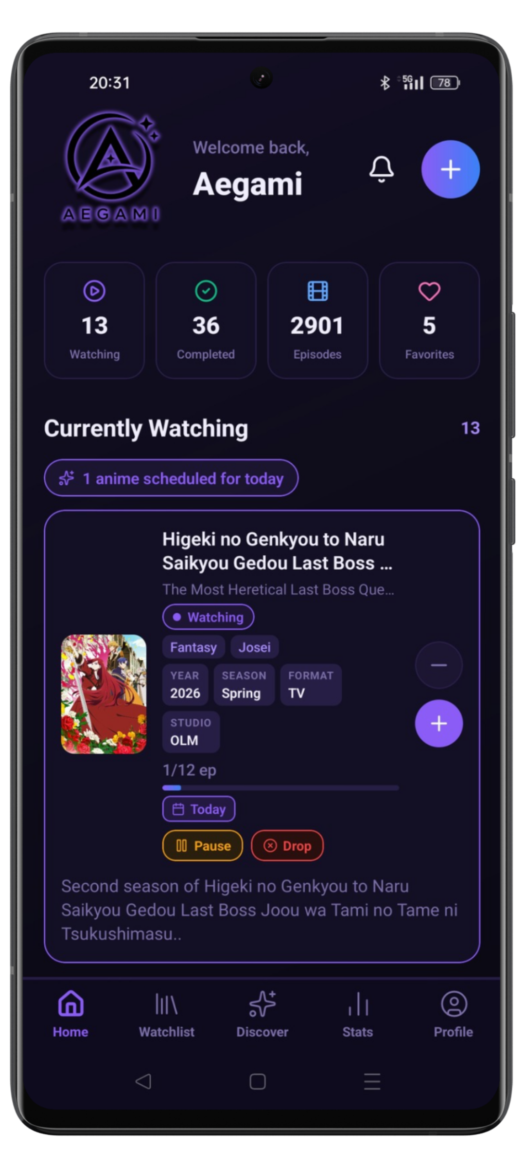 Aegami home screen showing the user's anime watchlist.