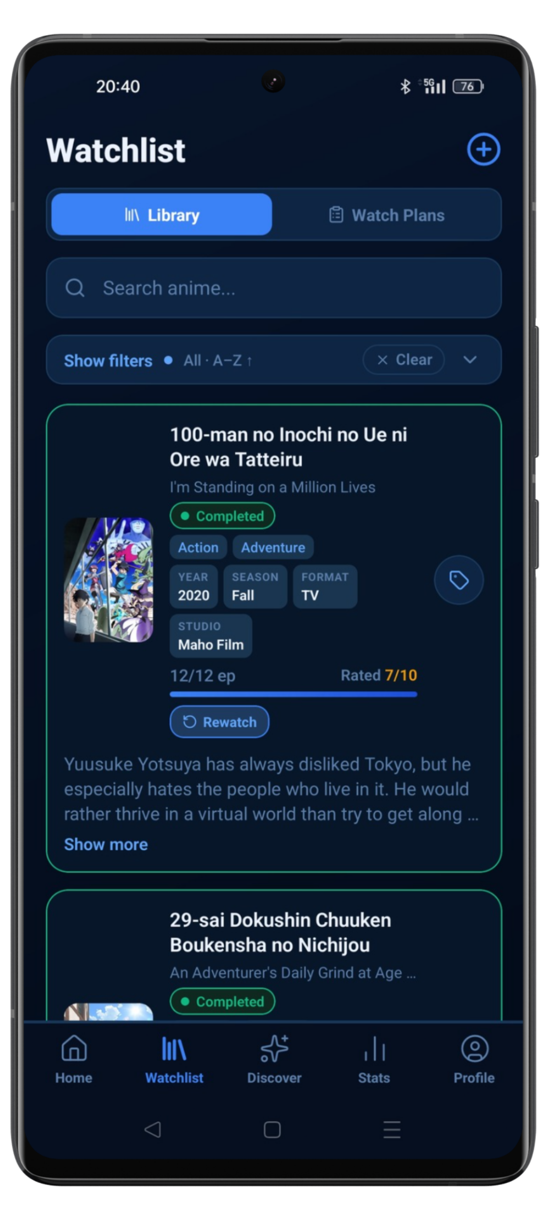 Aegami watchlist with status filters.